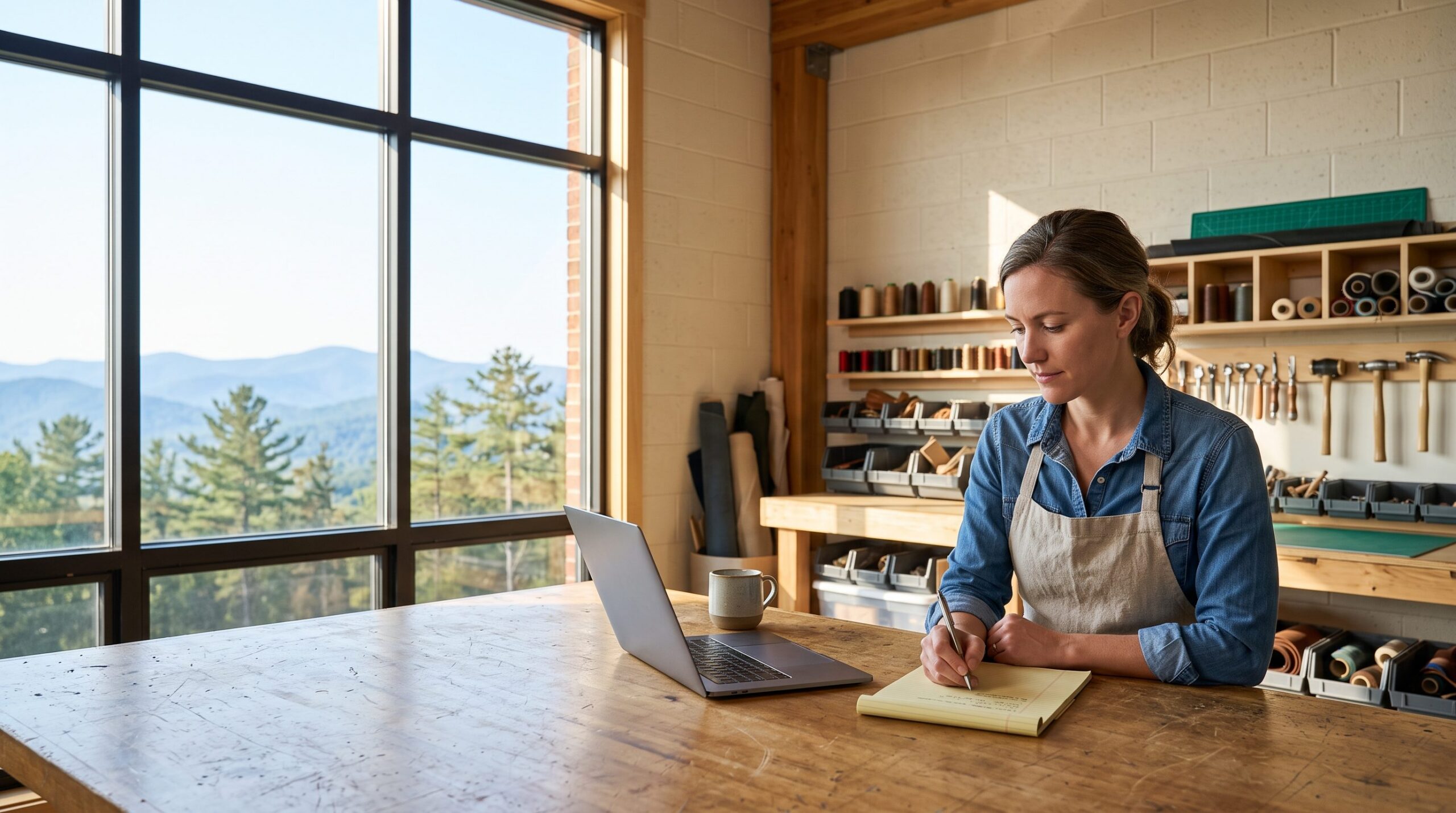 A small business owner in Asheville writing a list of repeated weekly tasks at her workshop table.